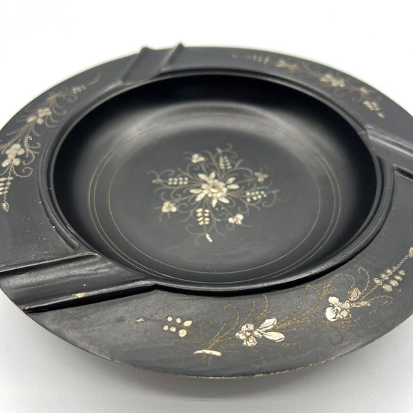 Vintage Matte Black Metal Ashtray With Gold Toned Etched Floral Designs, Boho - Picture 3 of 10
